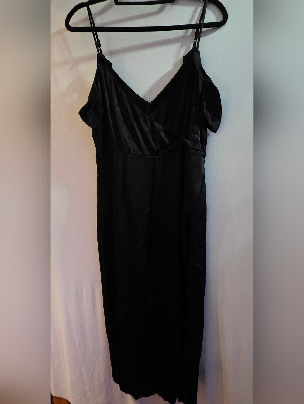 Bardot Black Satin Like Cold Shoulder Midi Dress Size 10 Missing Belt - Picture 2 of 11